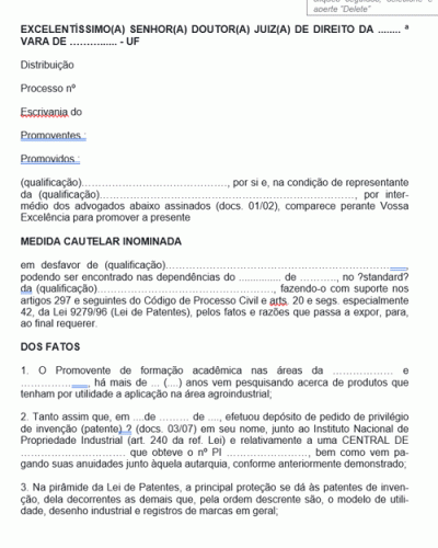 Modelo de Termo de Ação Cautelar Inominada sobre Patente de Produto