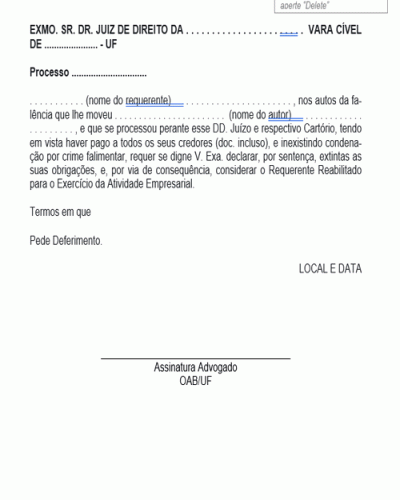 Modelo de Termo de Pedido de Reabilitação do Falido