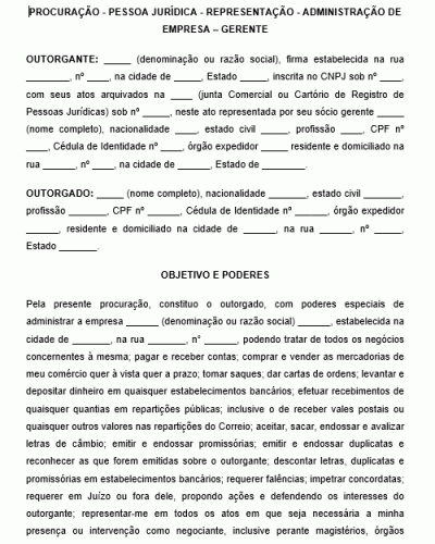 Modelo de Procuração - Pessoa Jurídica - Representação - Administração de Empresa – Gerente