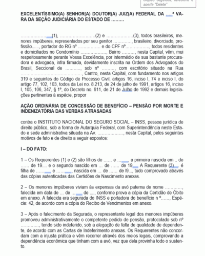 Modelo de Termo de Ação de Concessão de Benefício - Pensão por Morte e Indenizatória de Verbas Atrasadas