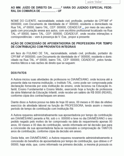 Modelo de Termo de Ação de Concessão de Benefício por Tempo de Contribuição - Professora