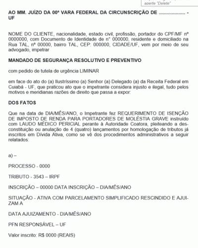 Modelo de Termo de Mandado de Segurança Resolutivo e Preventivo