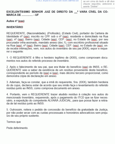 Modelo de Termo de Pedido de Alvará Judicial para Resíduo de Benefício Junto ao INSS