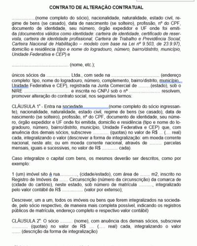 Modelo de Termo de Alteração de Contrato Social - Entrada de Sócio com Capitalização em Dinheiro