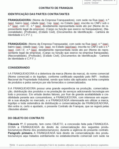 Modelo de Termo de Contrato de Franquia