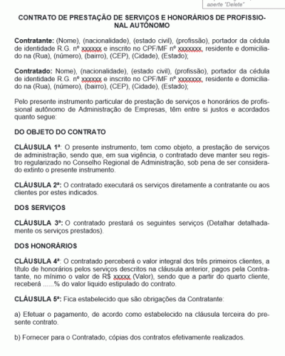 Modelo de Termo de Contrato de Prestação de Serviço e Honorários de Profissional Autônomo