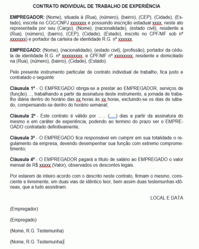 Modelo de Termo de Contrato Individual de Trabalho de Experiência