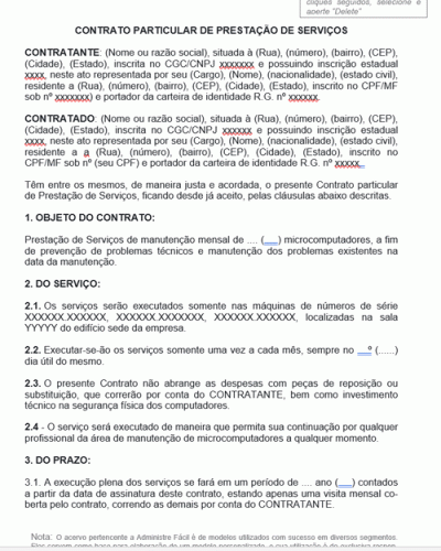 Modelo de Termo de Contrato Particular de Prestação de Serviços