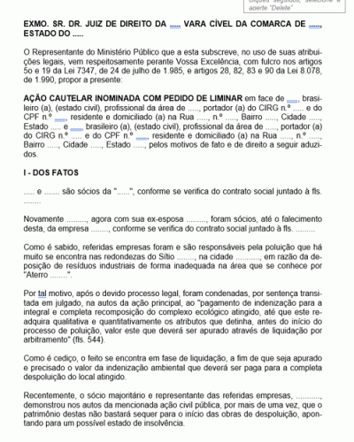 Modelo de Termo de Ação Cautelar Inominada para Requerer a Desconsideração da Personalidade Jurídica de Empresa