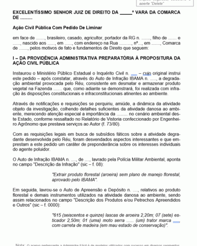 Modelo de Termo de Ação Civil Pública Extração Ilegal de Madeira