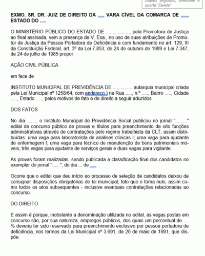 Modelo de Termo de Ação Civil Pública com o Fito de Transporte Coletivo Grátis para Pessoas Deficientes