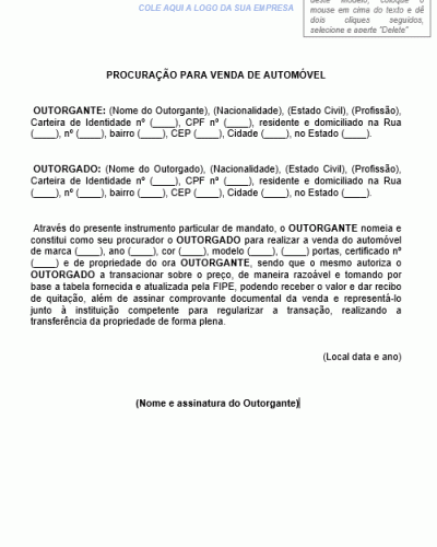 Modelo de Procuração para Venda de Automóvel - Veículo - Carro