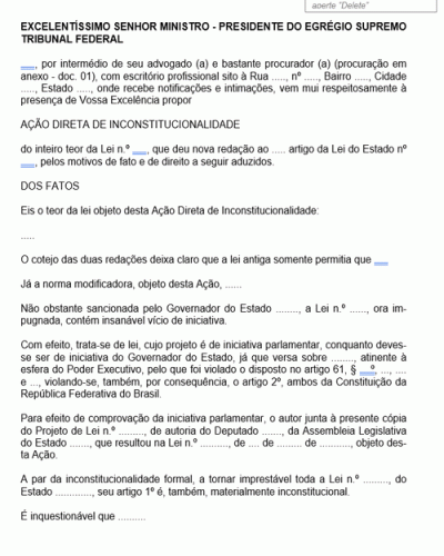 Modelo de Termo de Ação Direta de Inconstitucionalidade de Lei Estadual