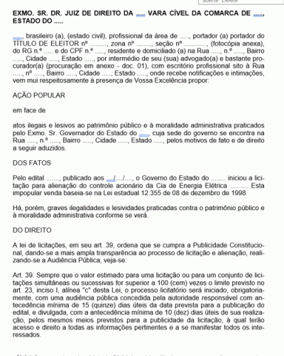 Modelo de Termo de Ação Popular em Face de Atos Praticados por Governador em Certame