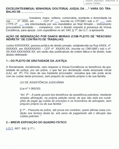 Modelo de Termo de Ação de Indenização por Danos Morais Pedido de Rescisão Indireta