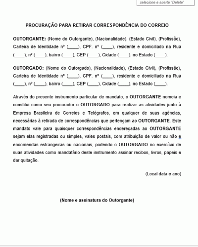 Modelo de Procuração para Retirada de Correspondência do Correio