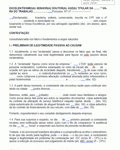 Modelo de Termo de Contestação Ilegitimidade de Sócio que se Retirou da Sociedade