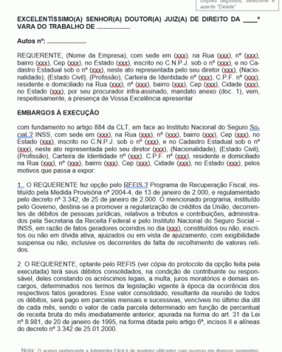Modelo de Termo de Embargos de Execução Processo Executado pelo INSS