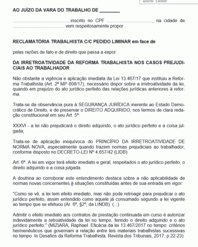 Modelo de Termo de Petição Inicial Reforma Trabalhista Estabilidade