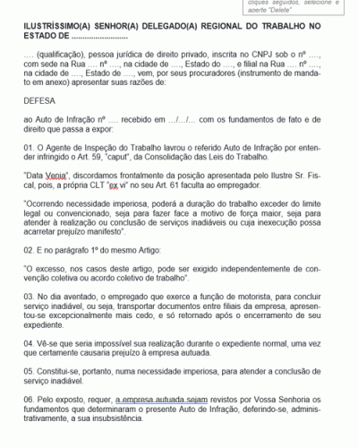 Modelo de Termo de Reclamação Administrativa Defesa de Excesso de Horas Extras