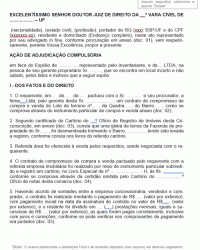 Modelo de Termo de Ação de Adjudicação Compulsória Compromisso de Compra e Venda 