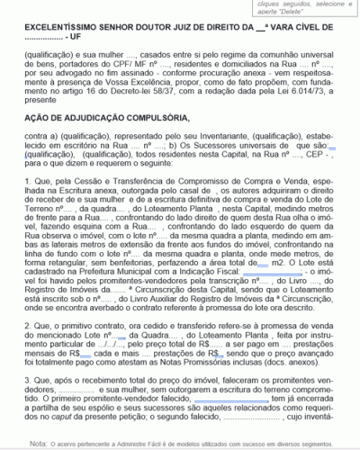 Modelo de Termo de Ação de Adjudicação Compulsória Contra Espólio com Inventário Aberto