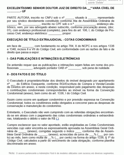 Modelo de Termo de Ação de Execução de Dívida de Cotas Condominiais