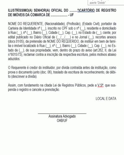 Modelo de Termo de Reclamação ao Edital Instituindo Bem de Família