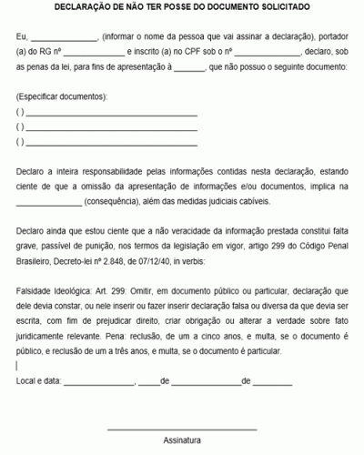 Modelo de Declaração de não possuir o documento solicitado