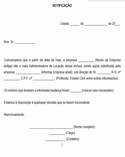 Modelo de Notificação ao inquilino sobre alteração de Administradora da Locação