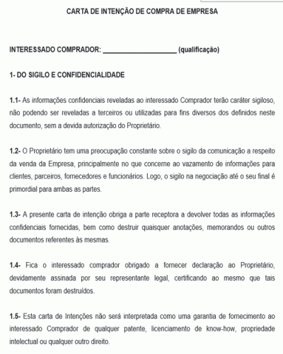 Modelo de Carta de Intenção de Compra de Empresa