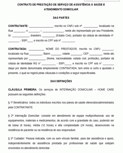 Modelo de Contrato de Prestação de Serviço de Assistência à Saúde e Atendimento Domiciliar Home Care