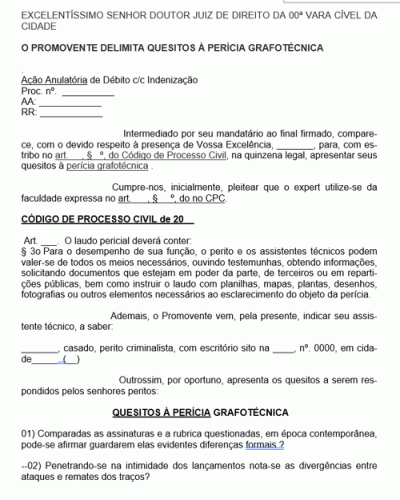 Modelo de Termo de Petição com Quesitos à Perícia Grafotécnica novo CPC