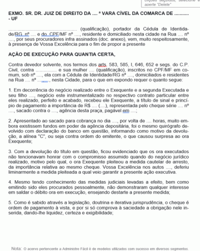 Modelo de Termo de Ação de Execução para Quantia Certa Título de Crédito Cheque