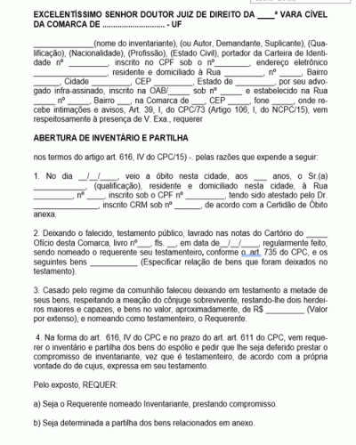 Modelo de Termo de Abertura de Inventário e Partilha Proposta por Testamenteiro