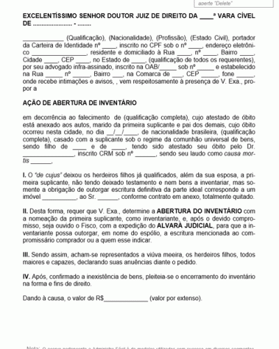 Modelo de Termo de Abertura de Inventário para Outorgar Escritura a Terceiro