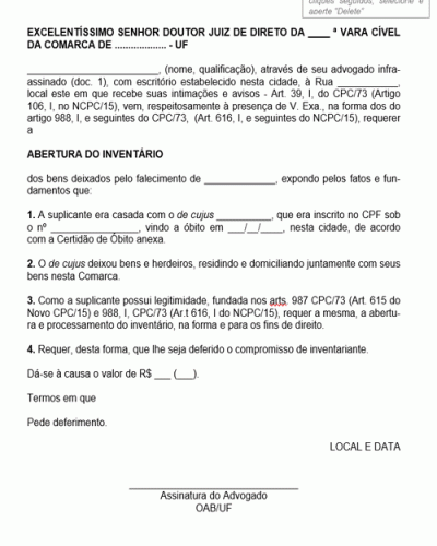 Modelo de Termo de Abertura de Inventário Proposta por Cônjuge
