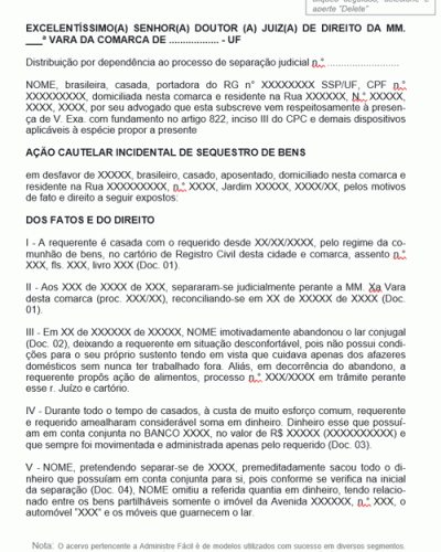 Modelo de Termo de Ação Cautelar Incidental de Sequestro de Bens na Separação Judicial