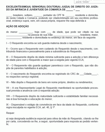 Modelo de Termo de Ação de Adoção Requerente sem Parentesco com o Menor