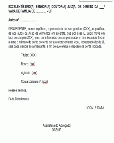 Modelo de Termo de Ação de Alimentos Informação dos Dados Bancários para Depósito