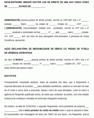 Modelo Inicial de Ação Declaratória de Inexigibilidade de Débito compras não reconhecidas com Cartão de Crédito Clonado