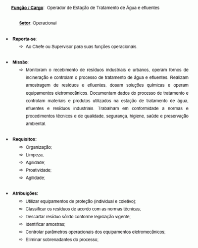 Modelo de Descrição de Cargo de Operador de Estação de Tratamento de Água e Efluentes