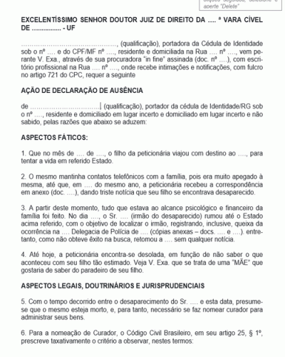 Modelo de Termo de Ação de Declaração de Ausência com Pedido de Curatela