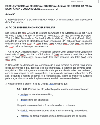 Modelo de Termo de Ação de Destituição de Poder Familiar contra o Pai