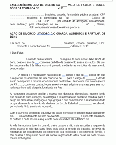 Modelo de Termo de Ação de Divórcio Litigioso Combinado com Guarda, Alimentos e Partilha de Bens