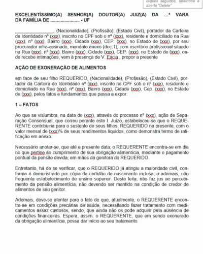 Modelo de Termo de Ação de Exoneração de Alimentos por Maioridade Civil