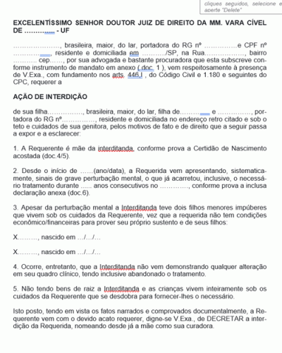 Modelo de Termo de Ação de Interdição de Deficiente Mental