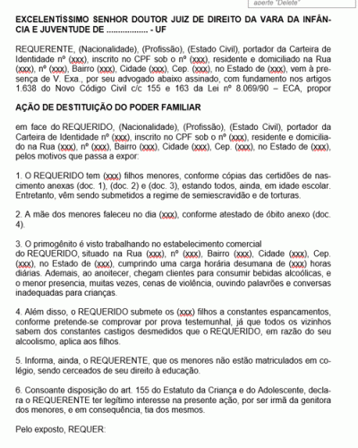 Modelo de Termo de Ação de Destituição de Poder Familiar Mãe Falecida