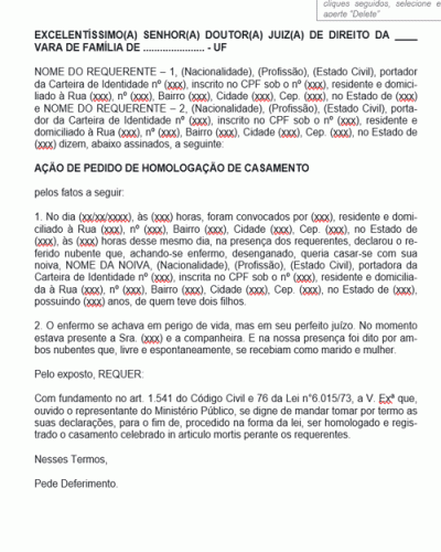 Modelo de Termo de Ação de Pedido de Homologação de Casamento feito In Articulo Mortis