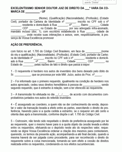 Modelo de Termo de Ação de Preferência em Inventário